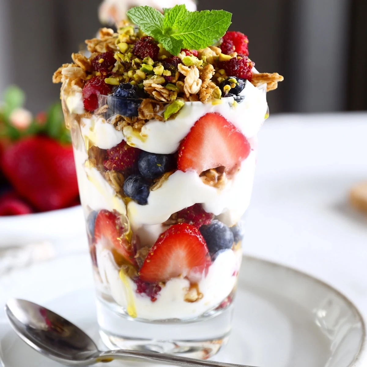 Greek Yogurt Parfait layered with creamy vanilla yogurt, bright berries, crunchy granola