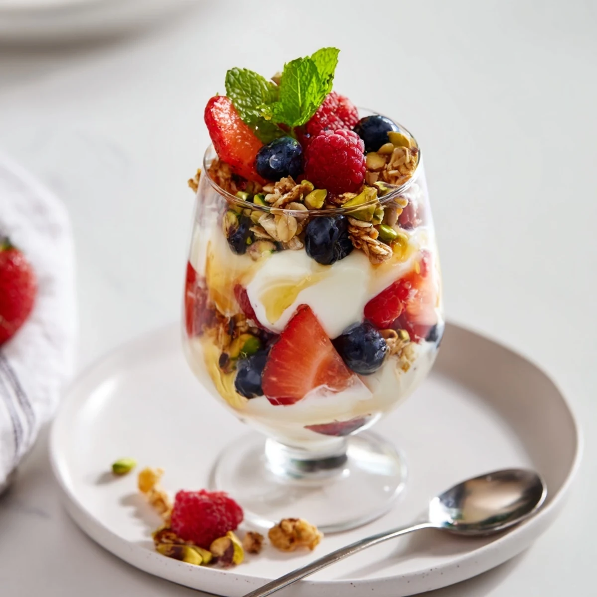 Serve chilled Greek Yogurt Parfait in mason jars for breakfast or dessert