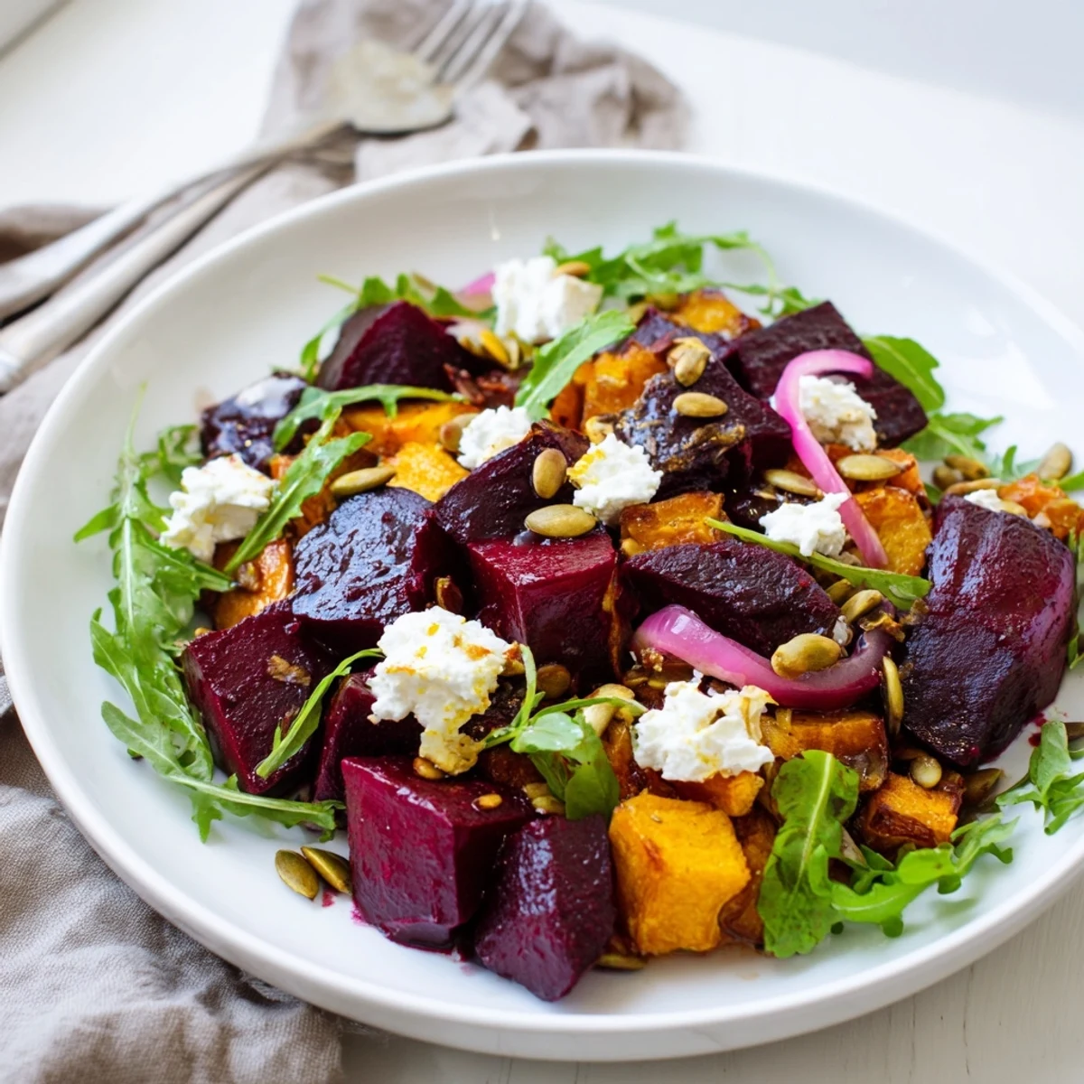 Creamy Roasted Beet Salad With Sweet Potato Feta, roasted beets glistening and feta crumbles