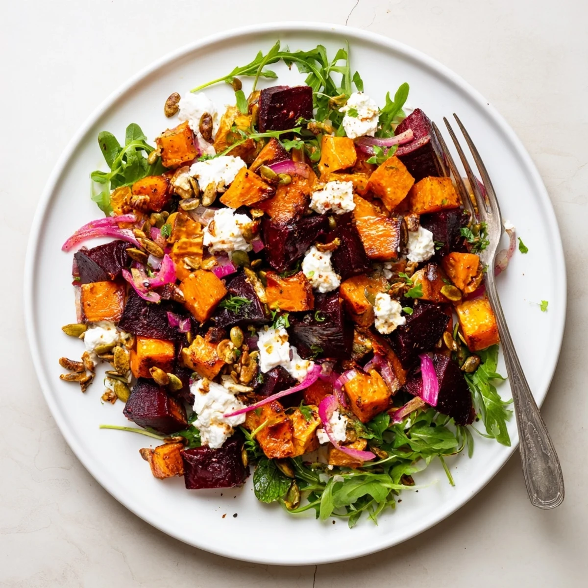Warm, caramelized sweet potatoes highlight the Creamy Roasted Beet Salad With Sweet Potato Feta