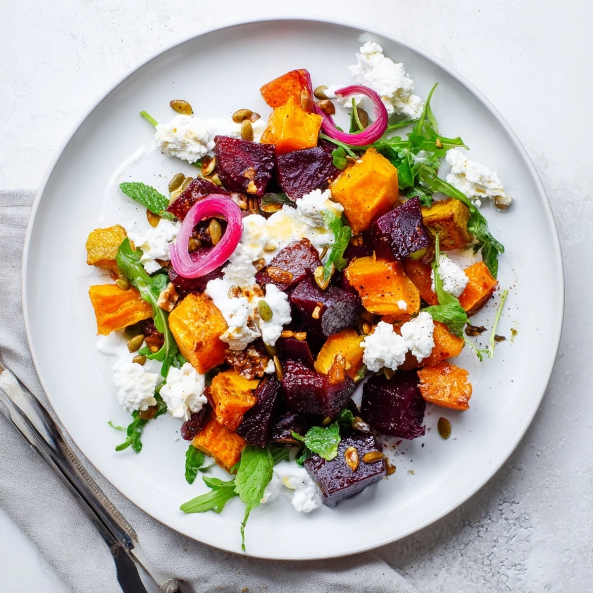 Toasted pumpkin seeds and herbs garnish Creamy Roasted Beet Salad With Sweet Potato Feta