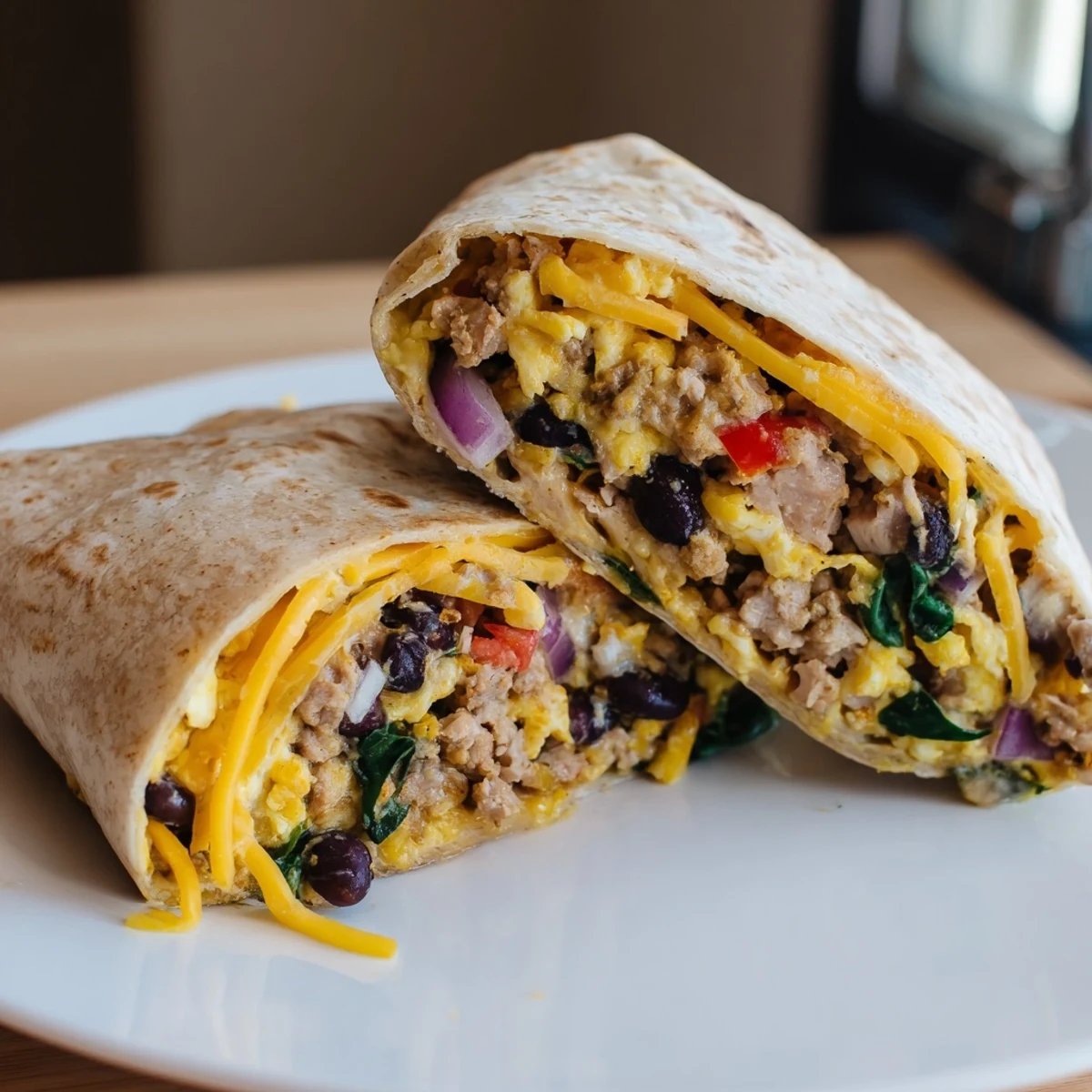 Protein Breakfast Burrito stuffed with scrambled eggs, turkey, melty cheddar, salsa