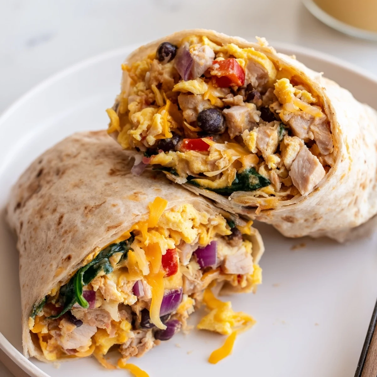 Hearty Protein Breakfast Burrito rolled tight, savory turkey, cheddar melting, salsa optional