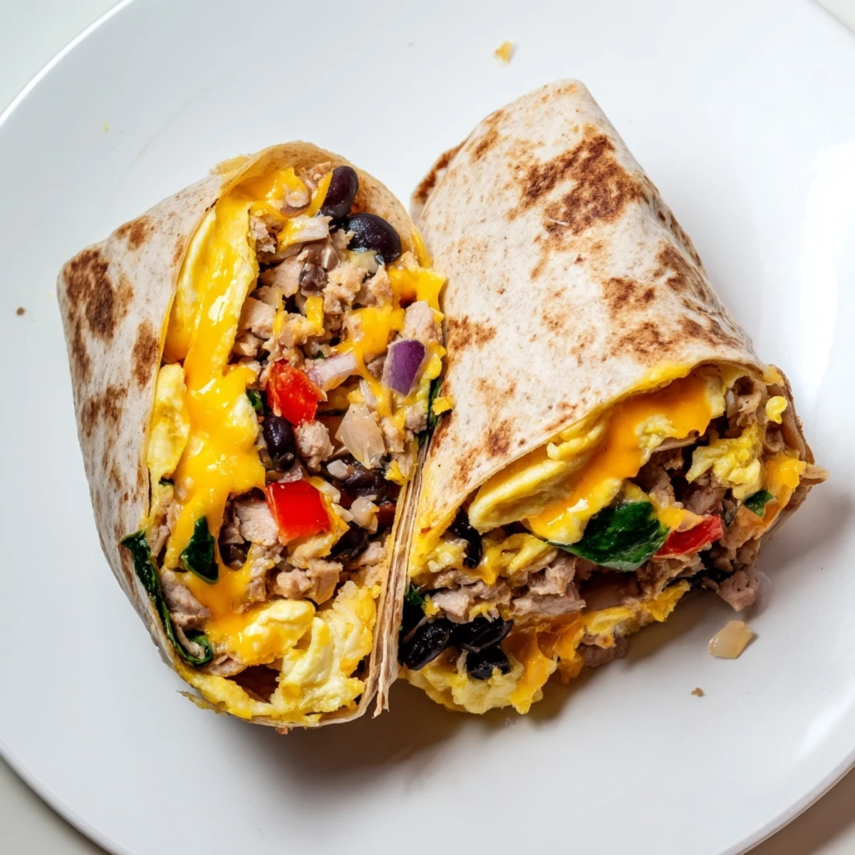 Warm Protein Breakfast Burrito on plate, crisp tortilla, spinach and black beans