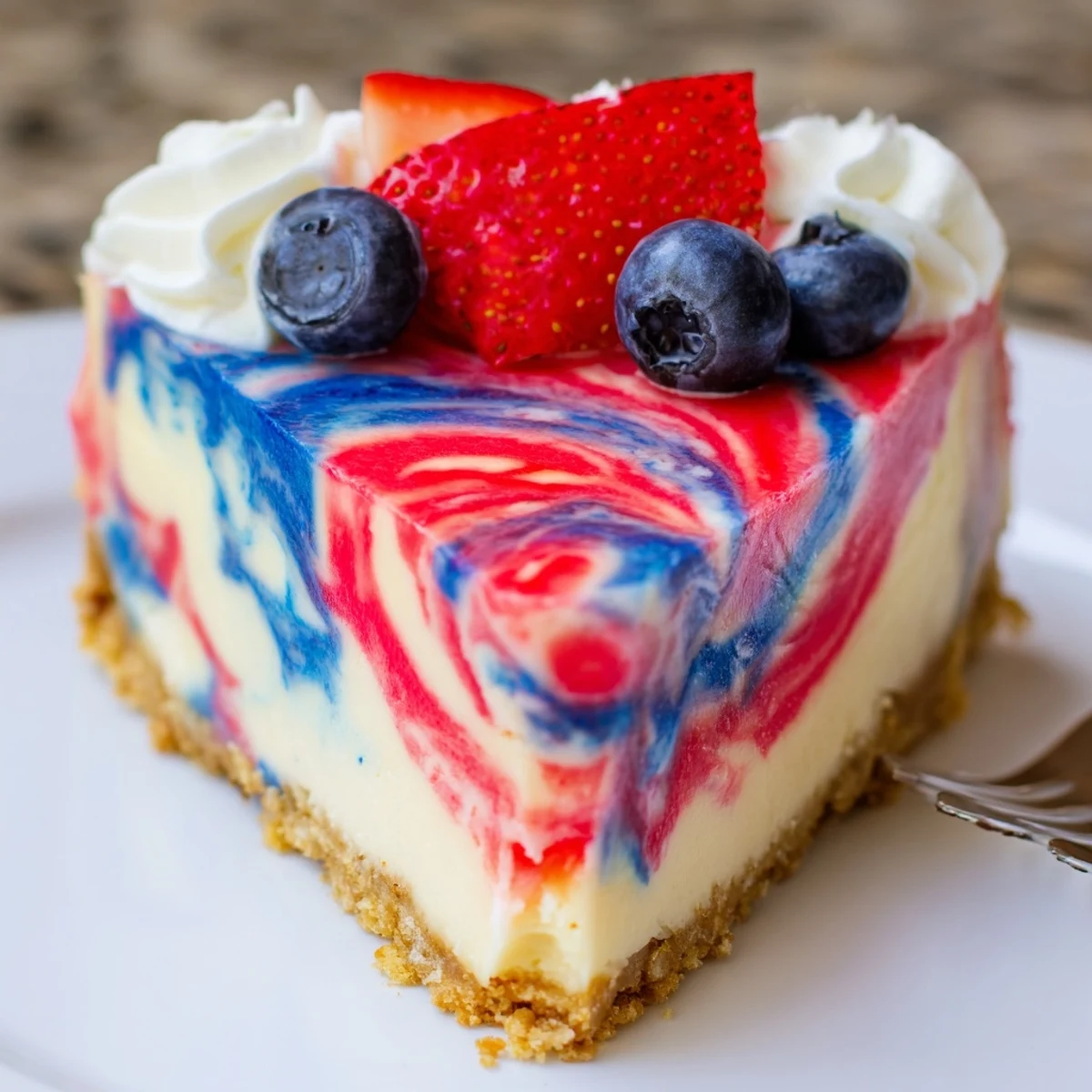 Creamy Patriotic Swirl Cheesecake with vibrant red and blue marbled pattern