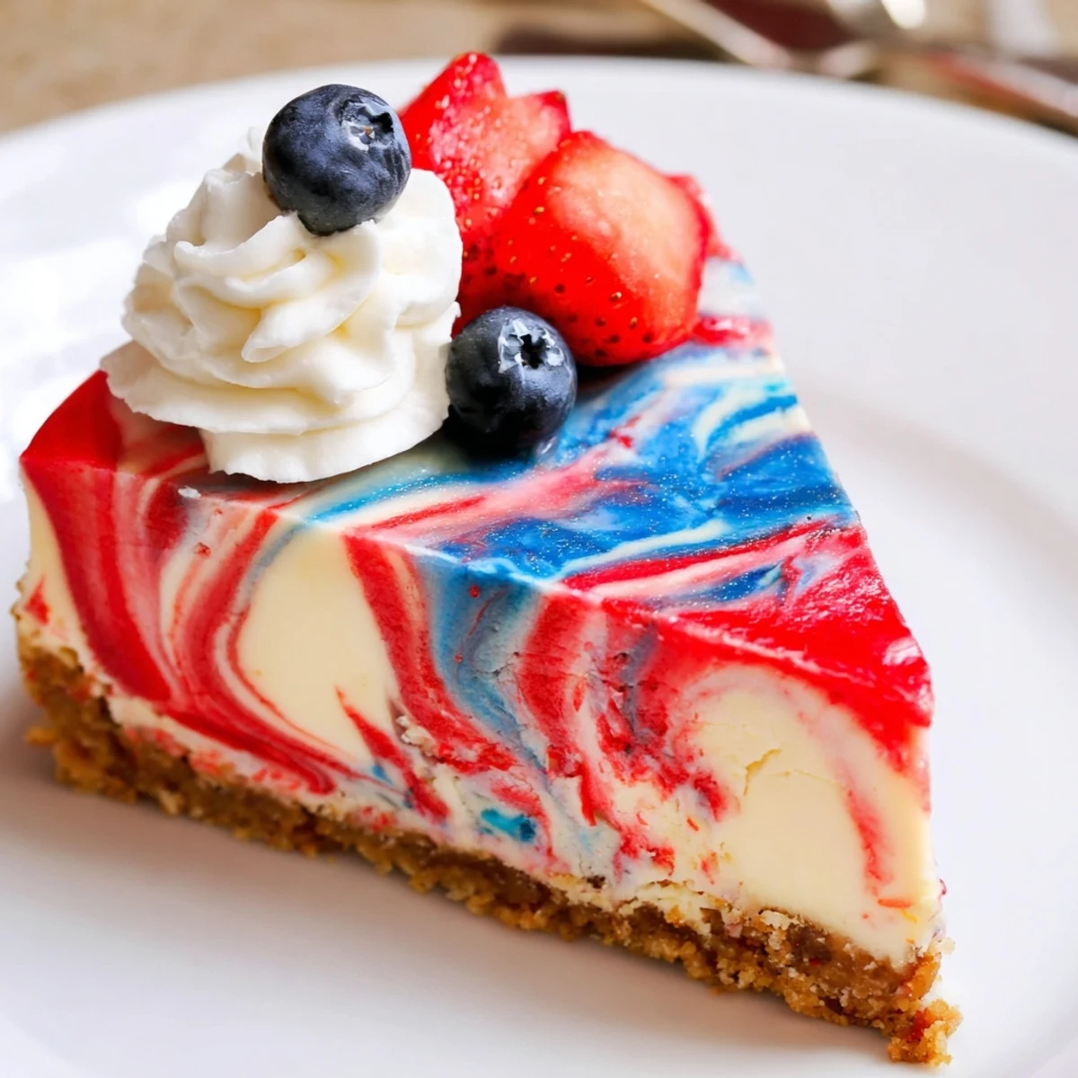 Chilled Patriotic Swirl Cheesecake slice on plate, topped with whipped cream
