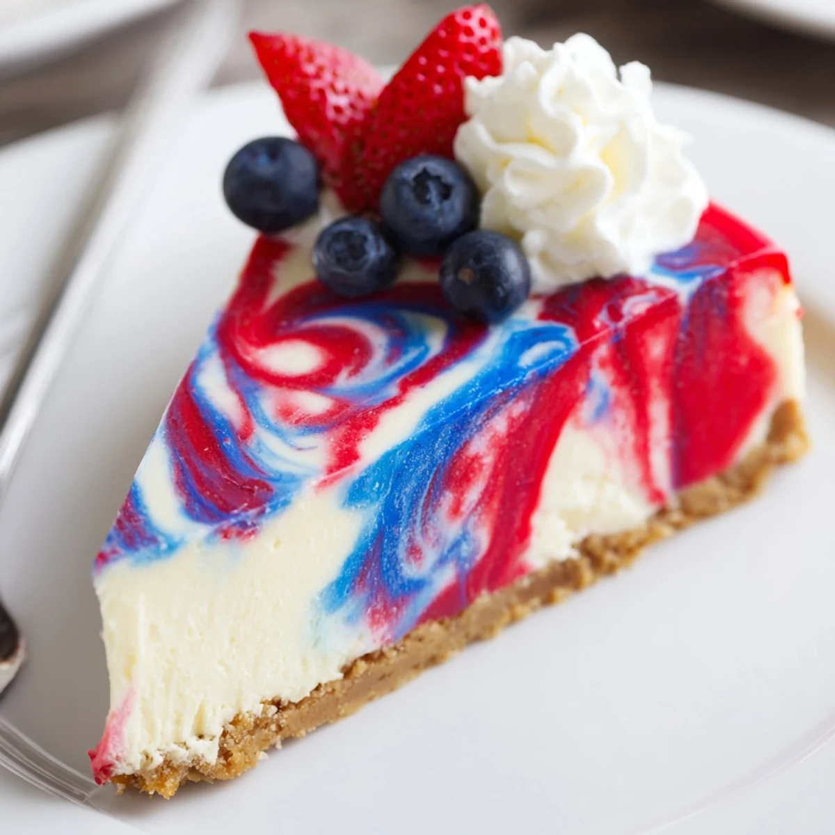 Patriotic Swirl Cheesecake glowing with glossy red and blue swirls, graham crust visible