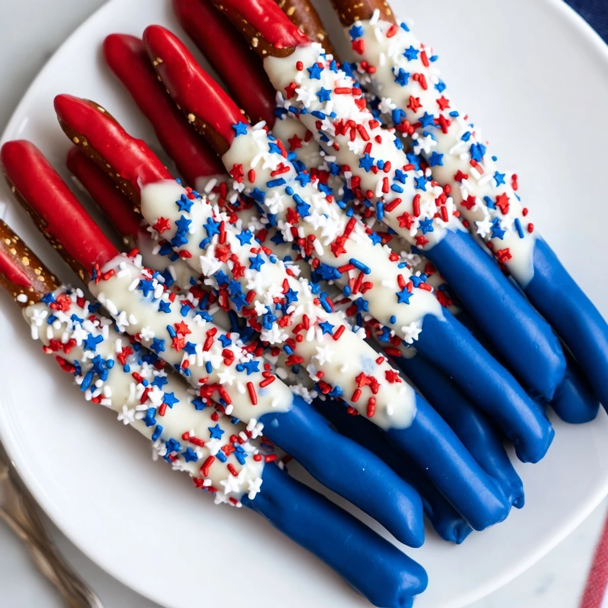 Patriotic Pretzel Rods dipped in white chocolate with red, blue drizzle