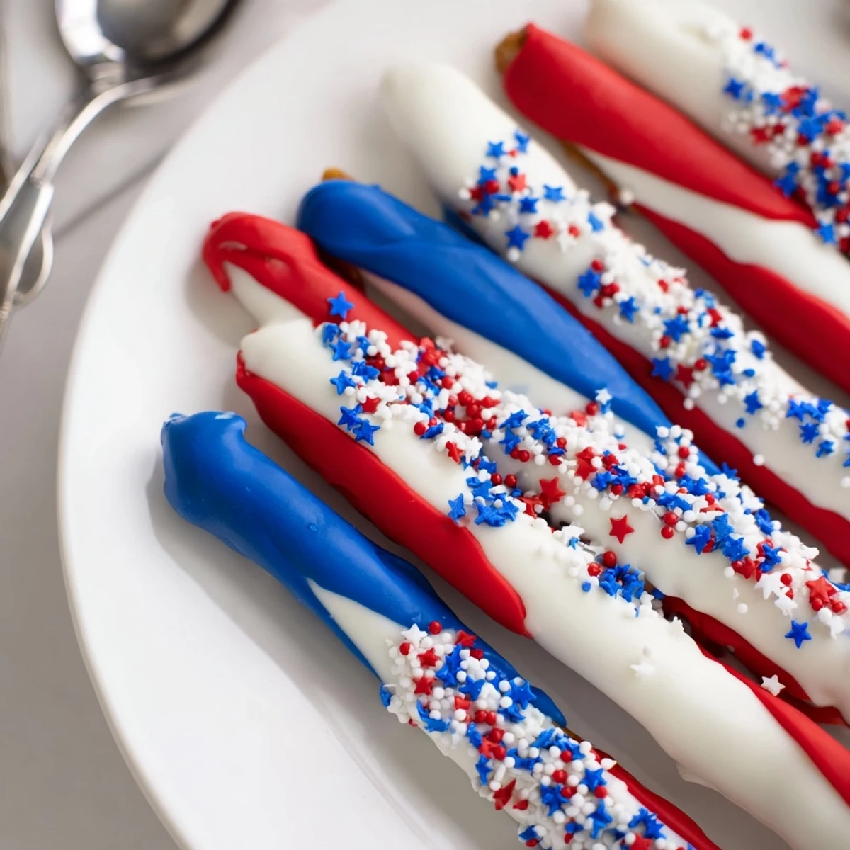 Patriotic Pretzel Rods sprinkled with red, white, blue stars, perfect for parties