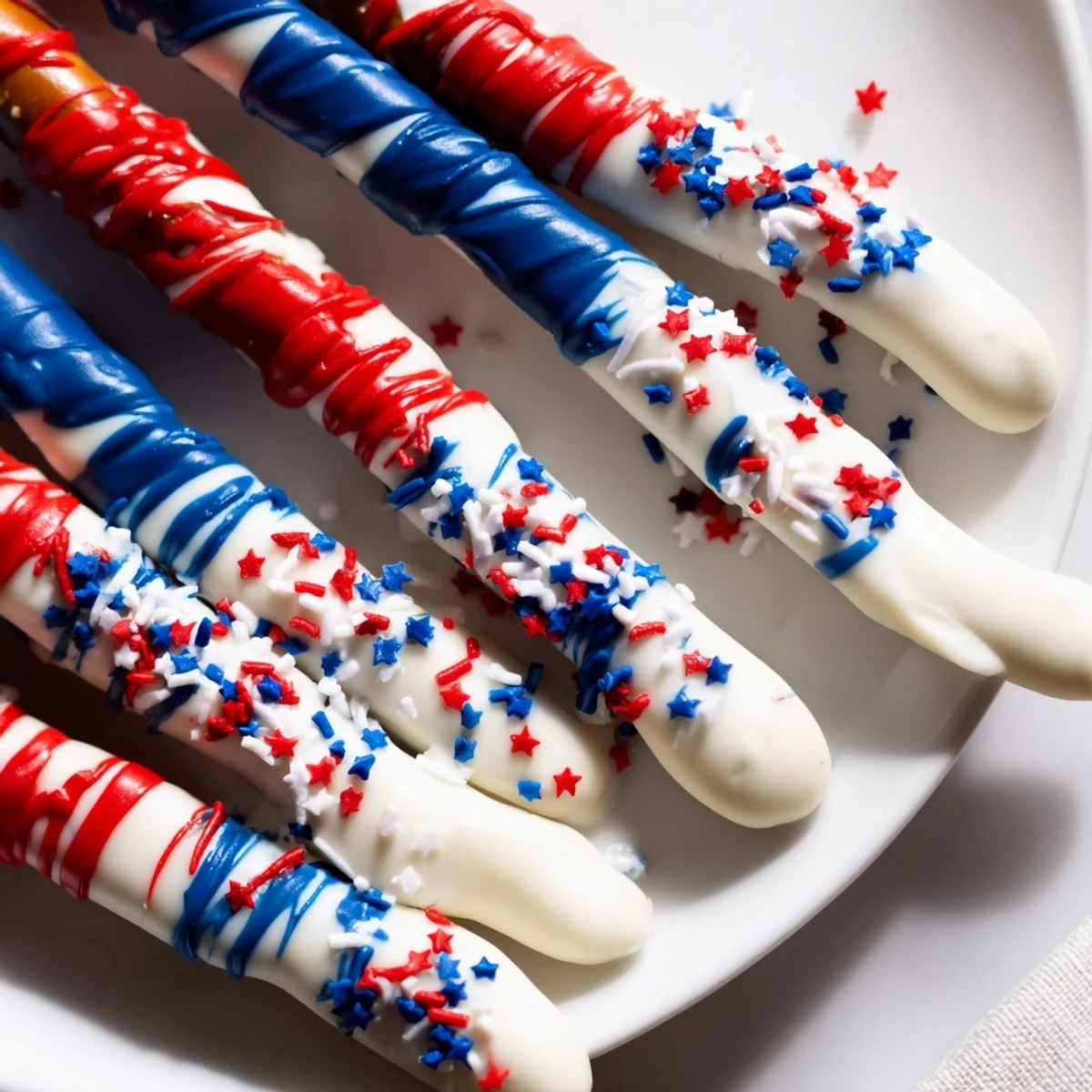 Patriotic Pretzel Rods chilled briefly for crisp chocolate finish, ready to gift