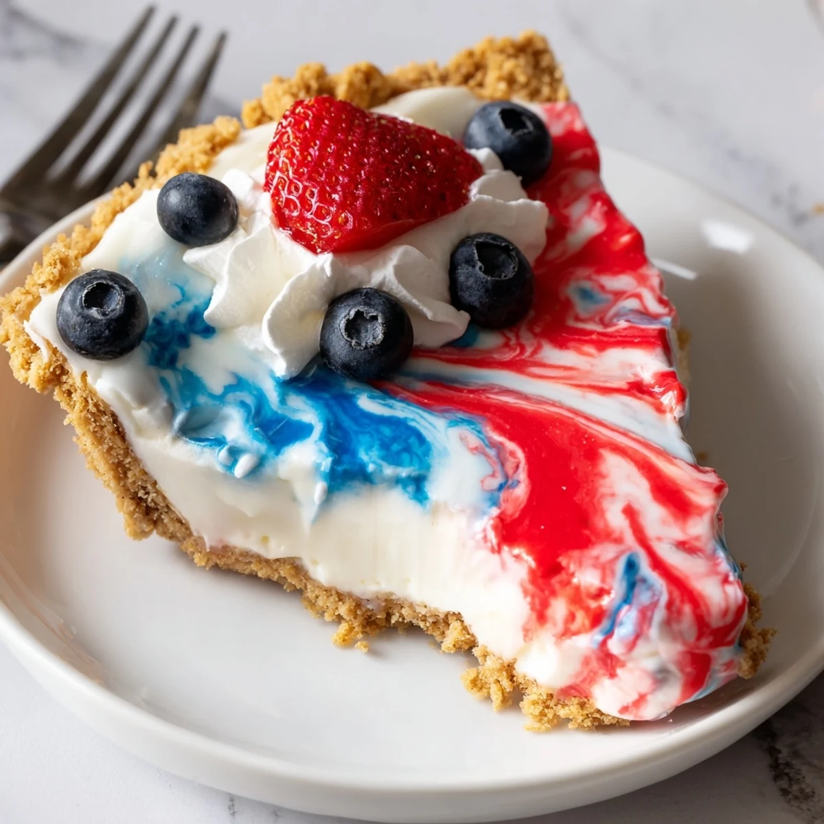 Patriotic Red White And Blue Swirl Pie with glossy red and blue swirls