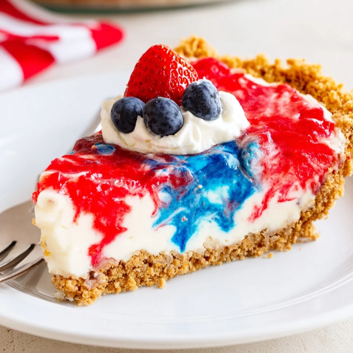 Creamy Patriotic Red White And Blue Swirl Pie with velvety marbled filling