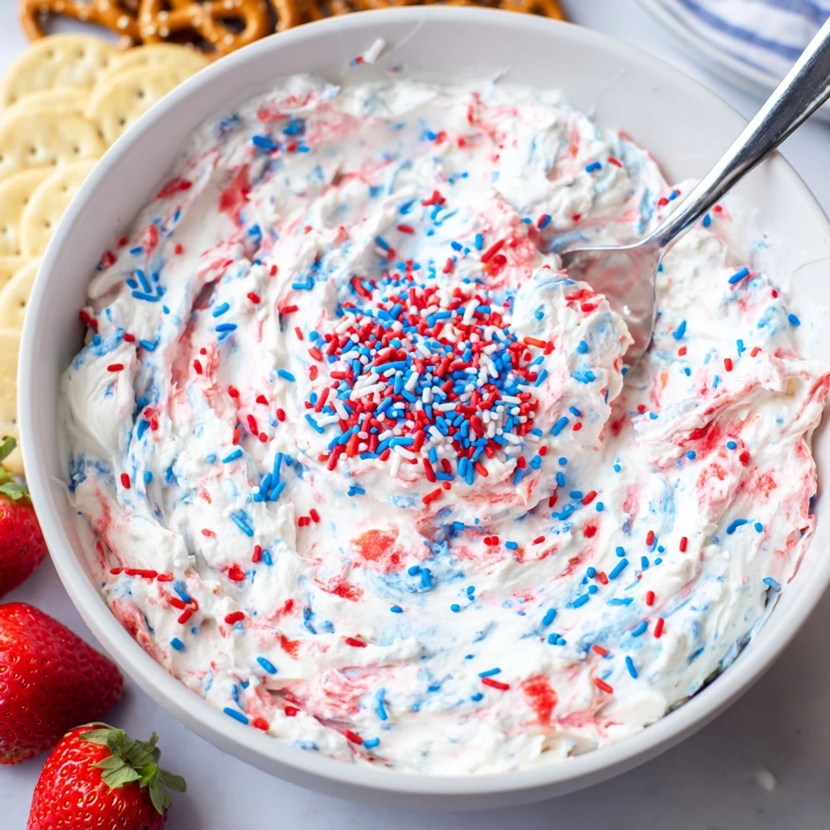 Red White And Blue Funfetti Dip dotted with colorful sprinkles, fluffy texture