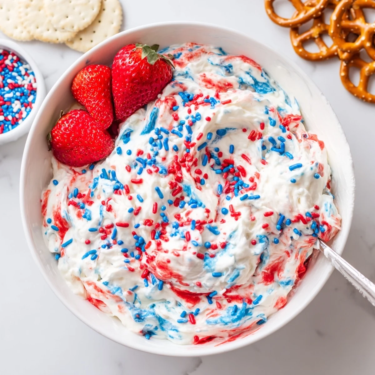 Red White And Blue Funfetti Dip, creamy bowl with vanilla wafers nearby
