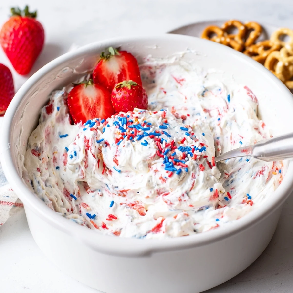 Red White And Blue Funfetti Dip served with fresh strawberries and pretzels