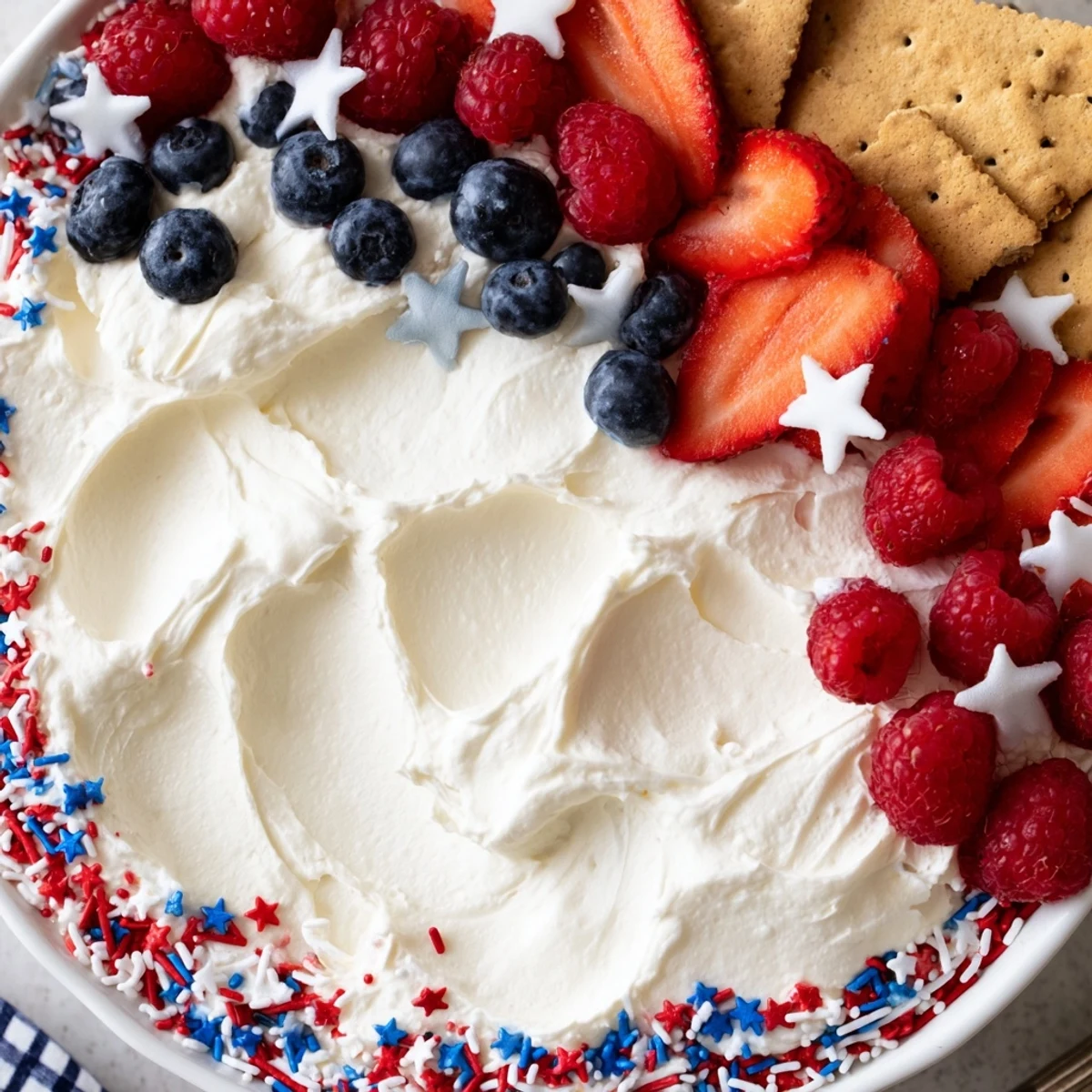 Star Spangled Cheesecake Dip topped with juicy berries and rainbow sprinkles