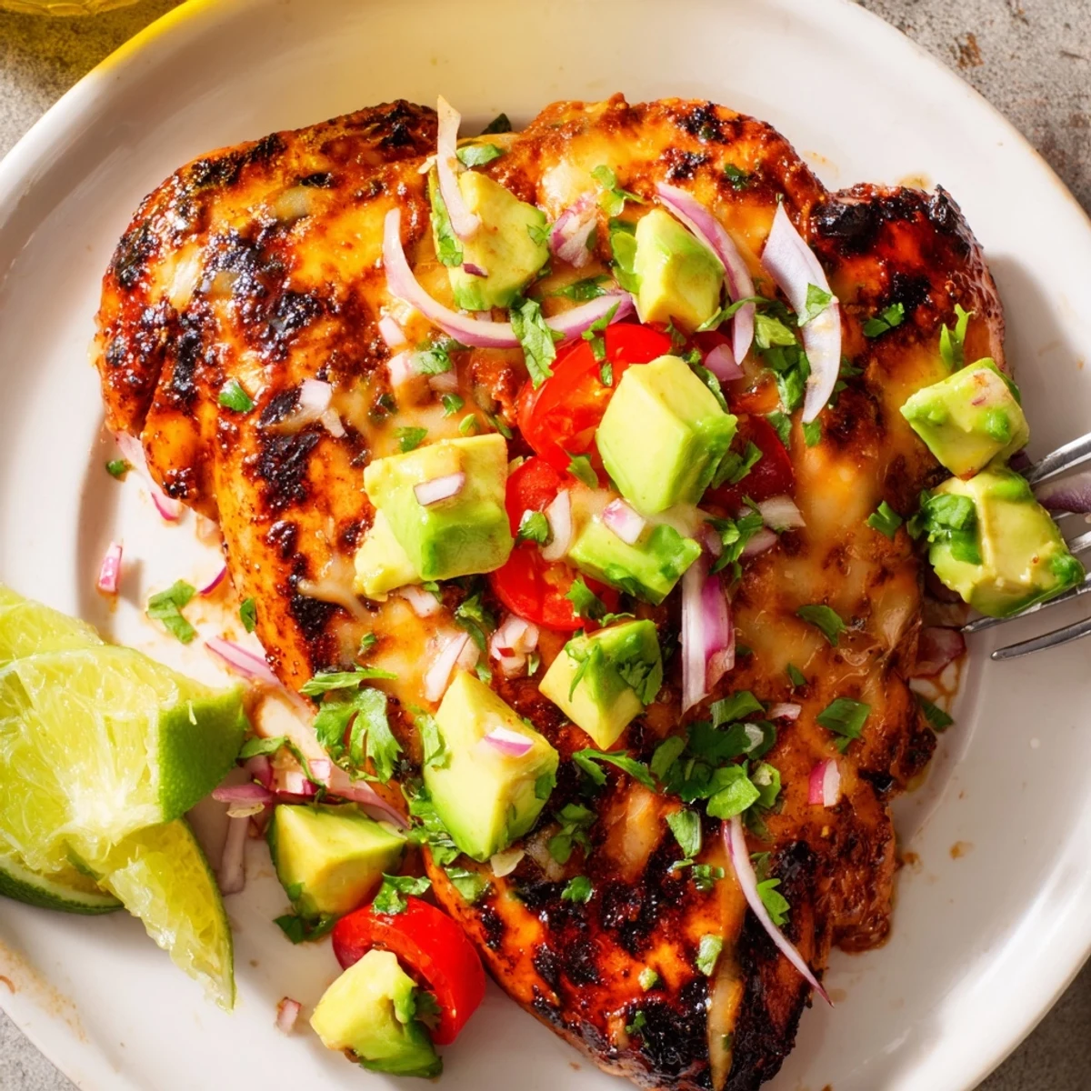 Charred Fiesta Lime Chicken With Avocado served with bright avocado tomato salsa
