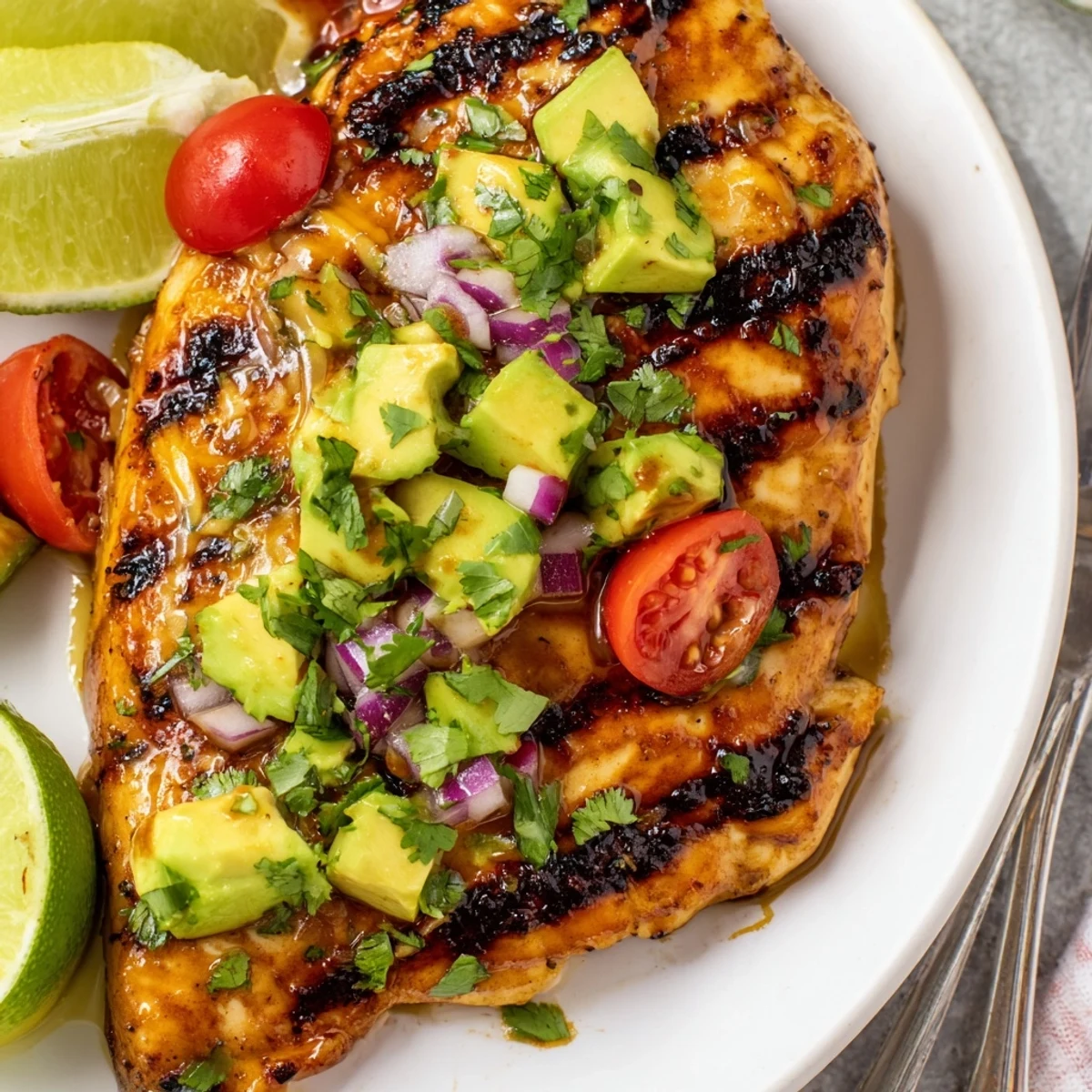 Pan grilled Fiesta Lime Chicken With Avocado garnished with cilantro and lime wedges