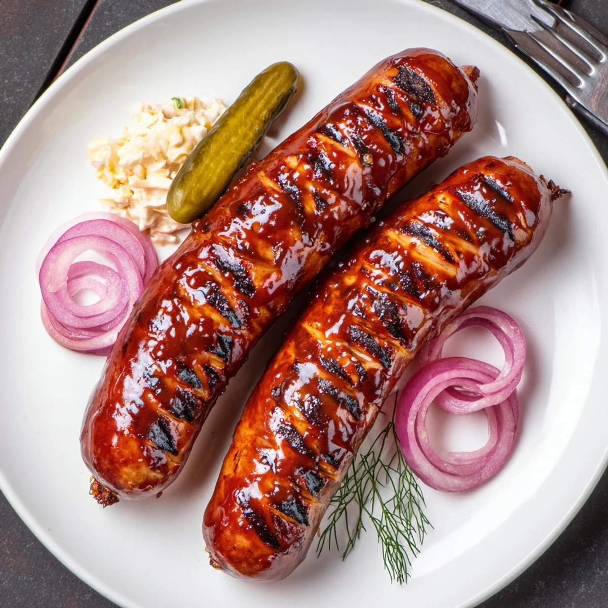 Charred, juicy links in BBQ Sausage Recipe served with tangy coleslaw and pickles