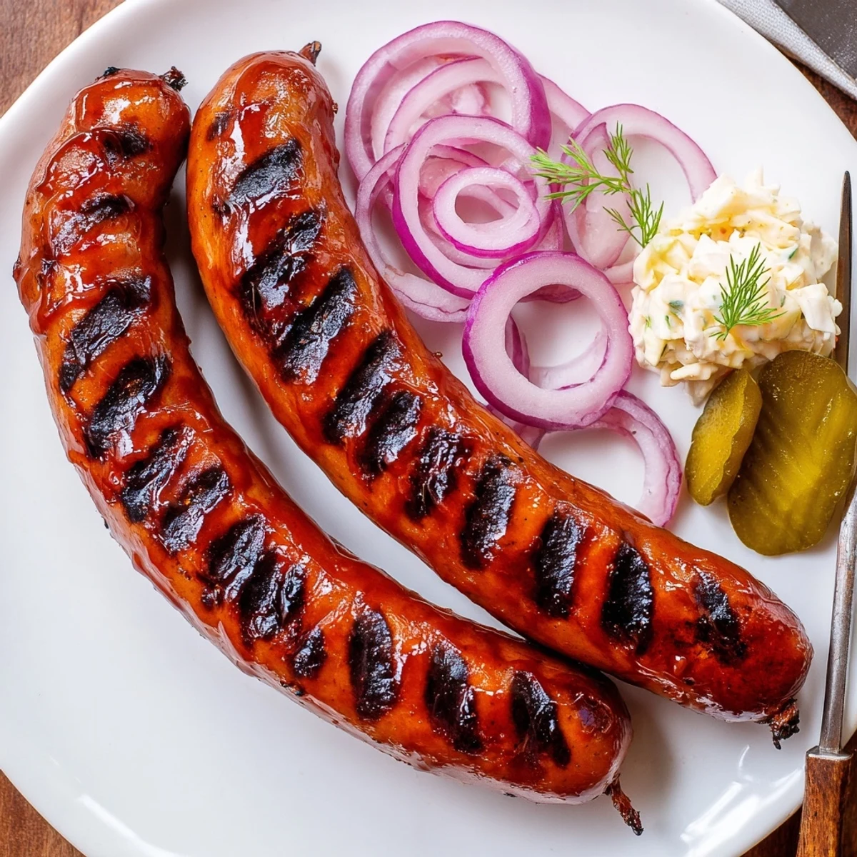 BBQ Sausage Recipe: grilled sausages glazed with smoky sauce, piled on a bun