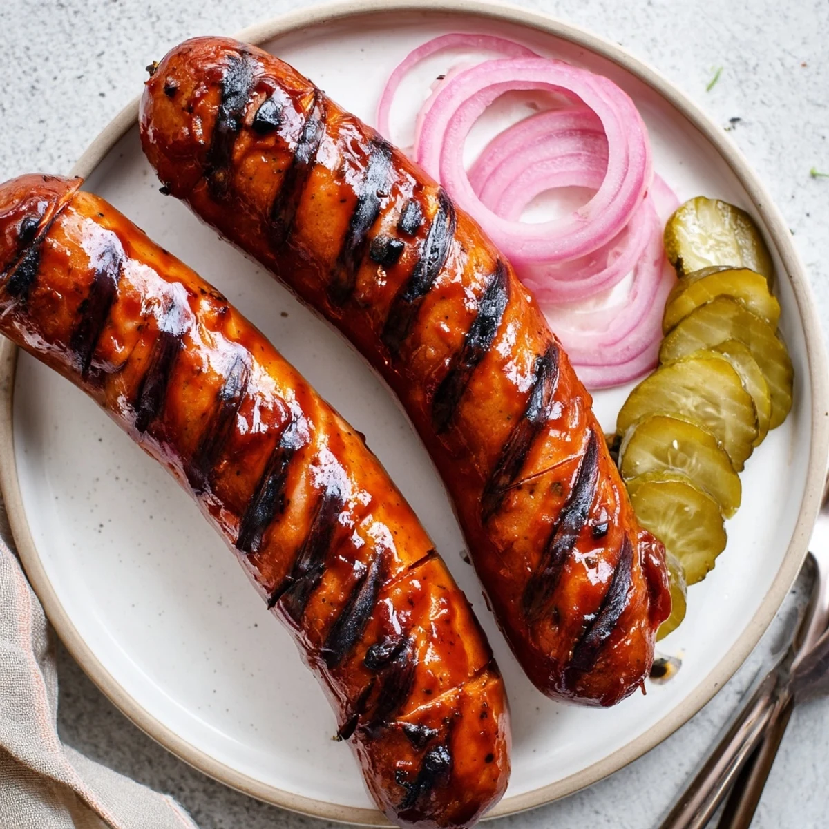 Smoky BBQ Sausage Recipe basted during grilling, steaming hot beside grilled corn