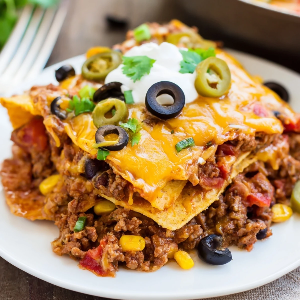 Warm Cheesy Nacho Casserole topped with sour cream, cilantro, and sliced jalapeños