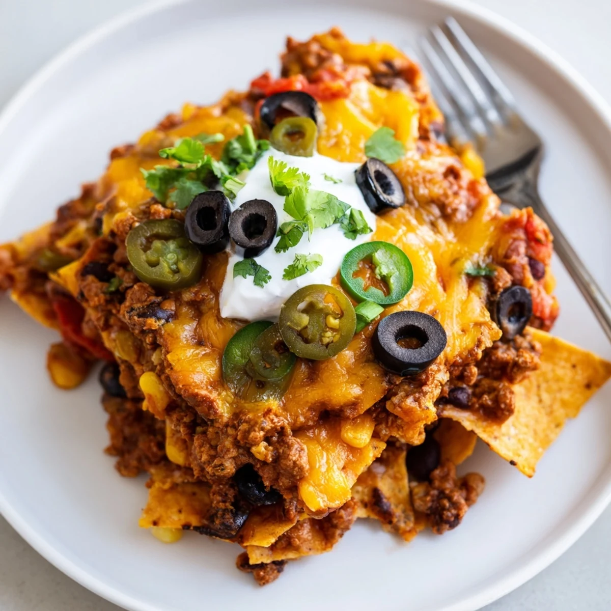 Cheesy Nacho Casserole bubbling golden, melted cheese over seasoned beef and chips