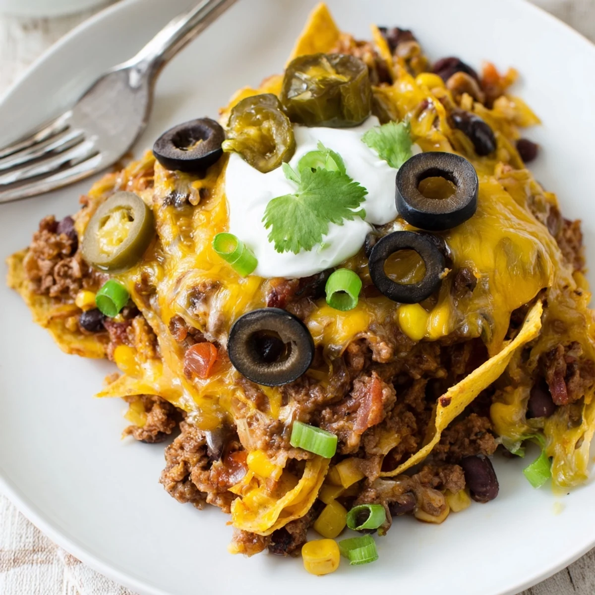 Layered Cheesy Nacho Casserole served straight from oven, crispy chips, gooey cheese