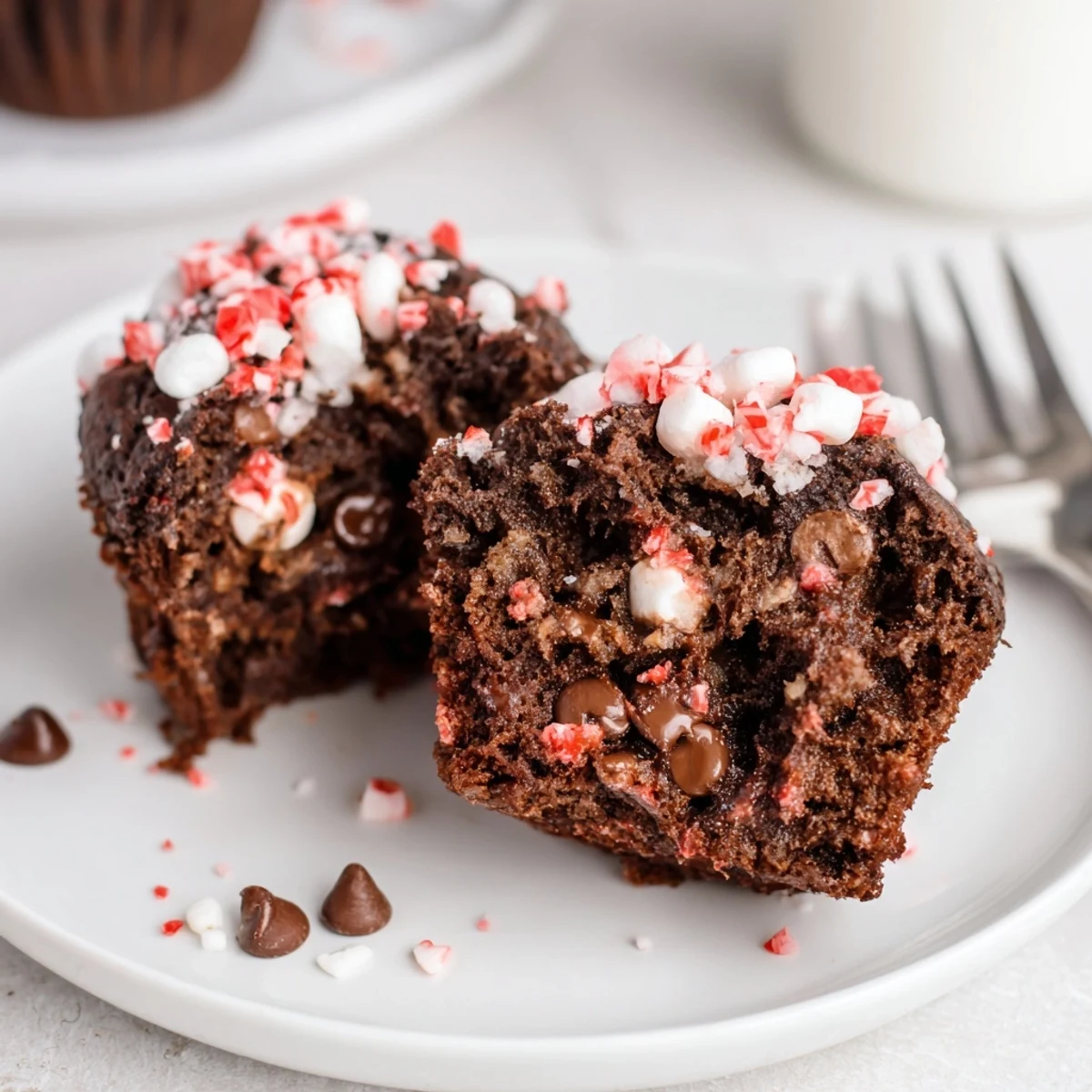 Plate of Peppermint Hot Chocolate Muffins topped with mini marshmallows and cocoa