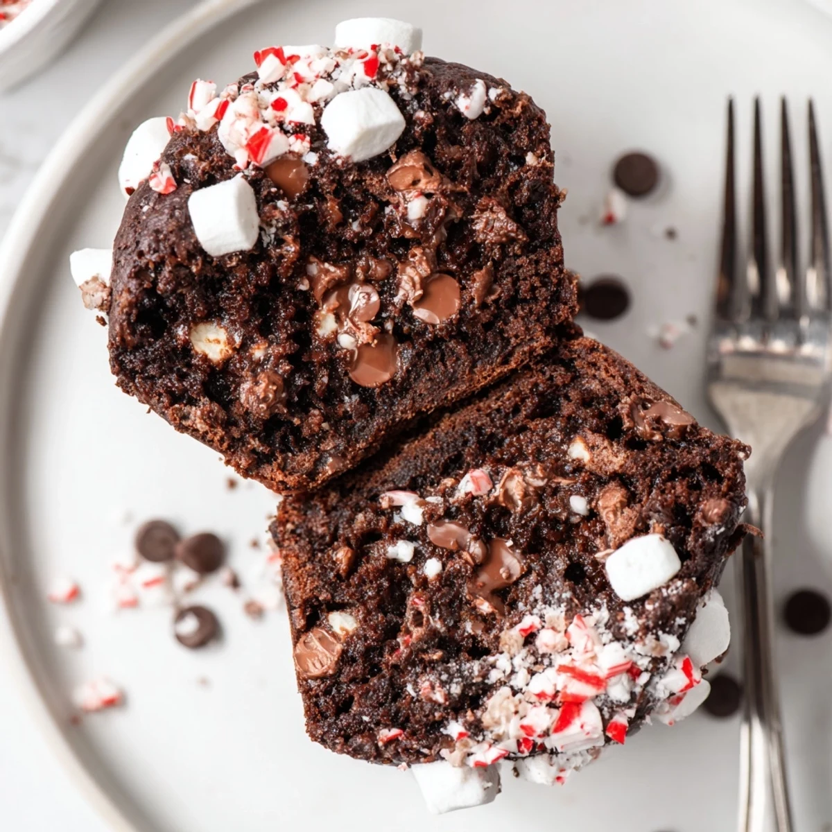 Peppermint Hot Chocolate Muffins steaming on rack, chocolate chips and crushed peppermint