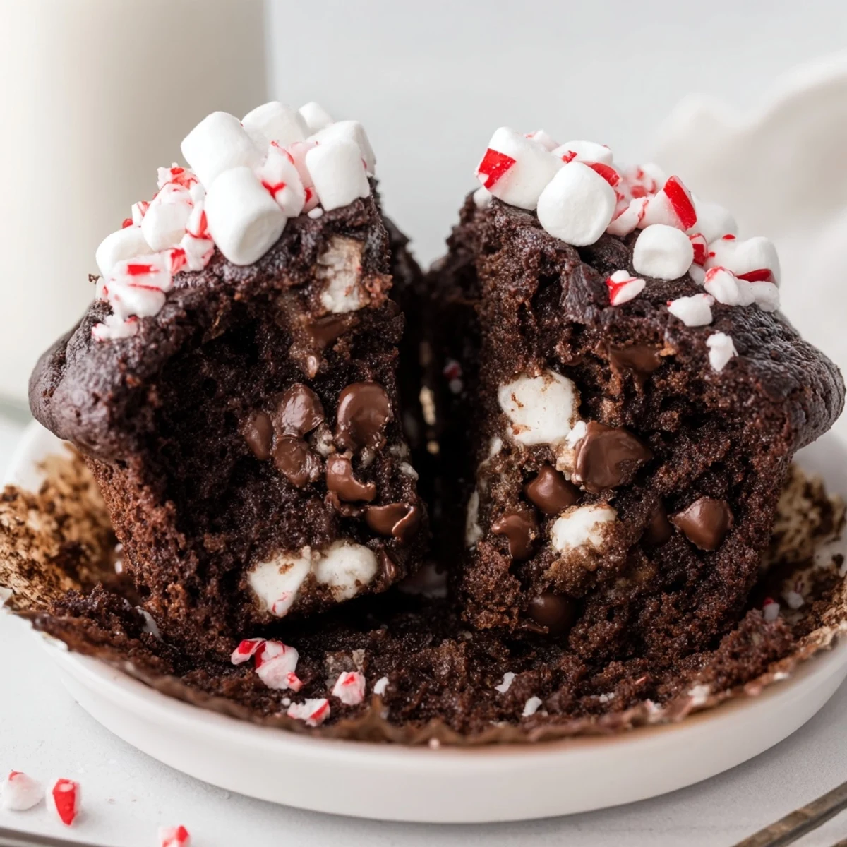 Warm peppermint aroma rises from Peppermint Hot Chocolate Muffins beside a steaming mug