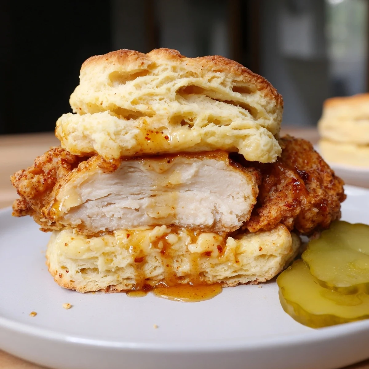 Hot Honey Chicken Biscuits with golden fried chicken and sticky spicy honey drizzle.