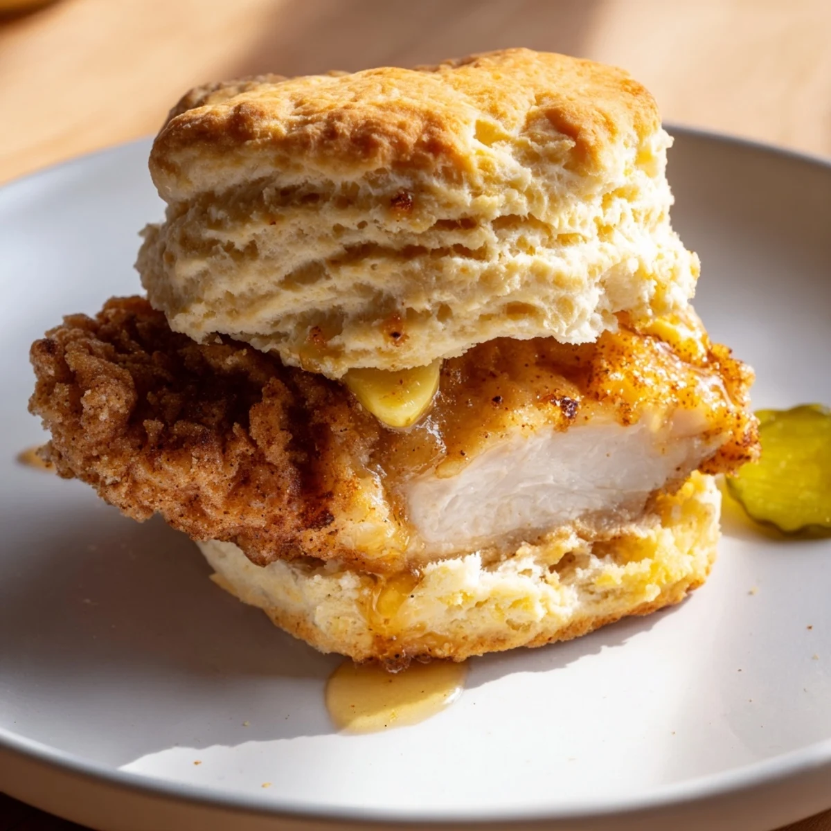 Warm Hot Honey Chicken Biscuits served for brunch, crispy chicken and sweet heat.