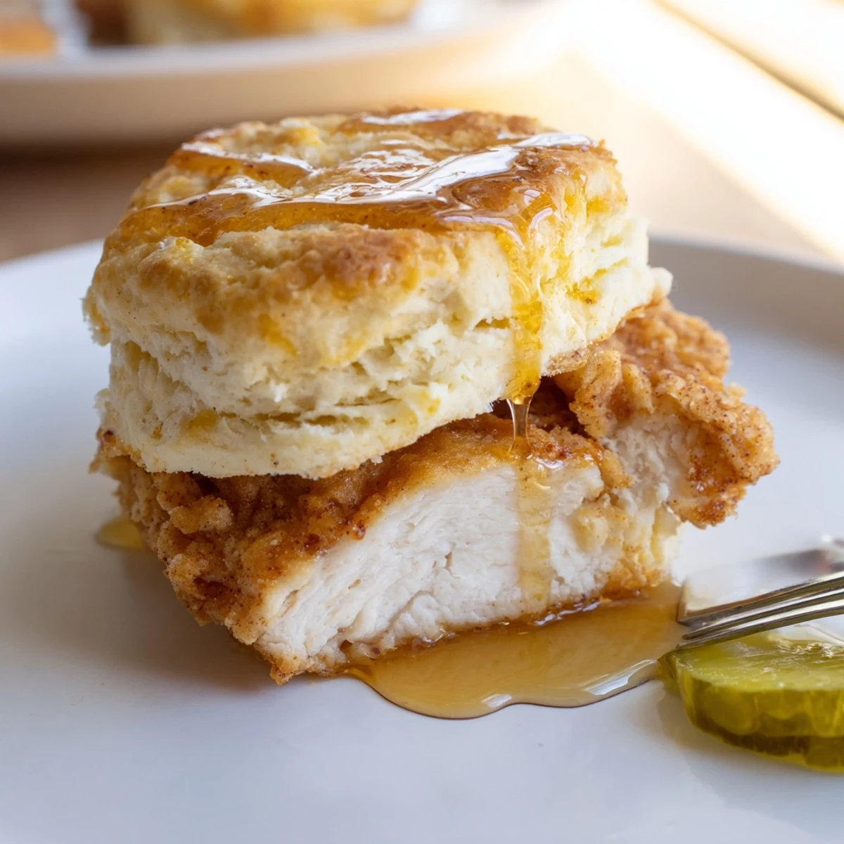 Buttery Hot Honey Chicken Biscuits split open, tender chicken, tangy pickle slices.
