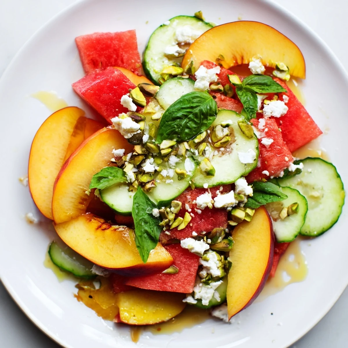 Summer Peach Watermelon Salad with juicy cubes, torn mint, and crumbled feta