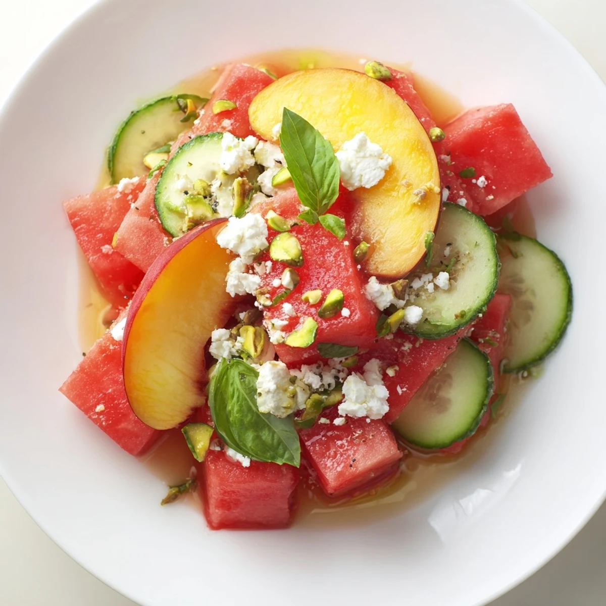 Vibrant Summer Peach Watermelon Salad drizzled with honey-lime dressing, chilled