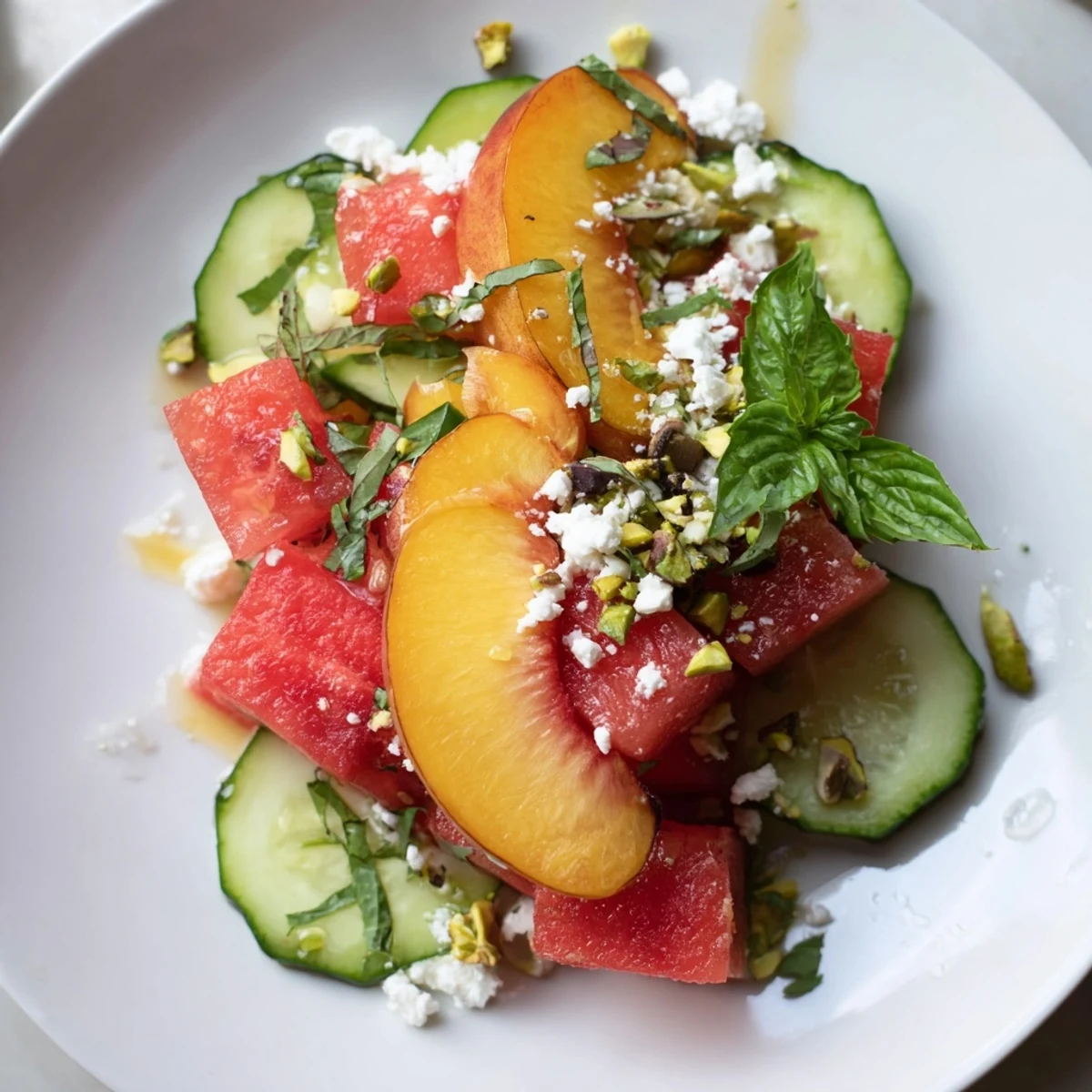 Light Summer Peach Watermelon Salad tossed with cucumber, toasted pistachios, picnic-ready