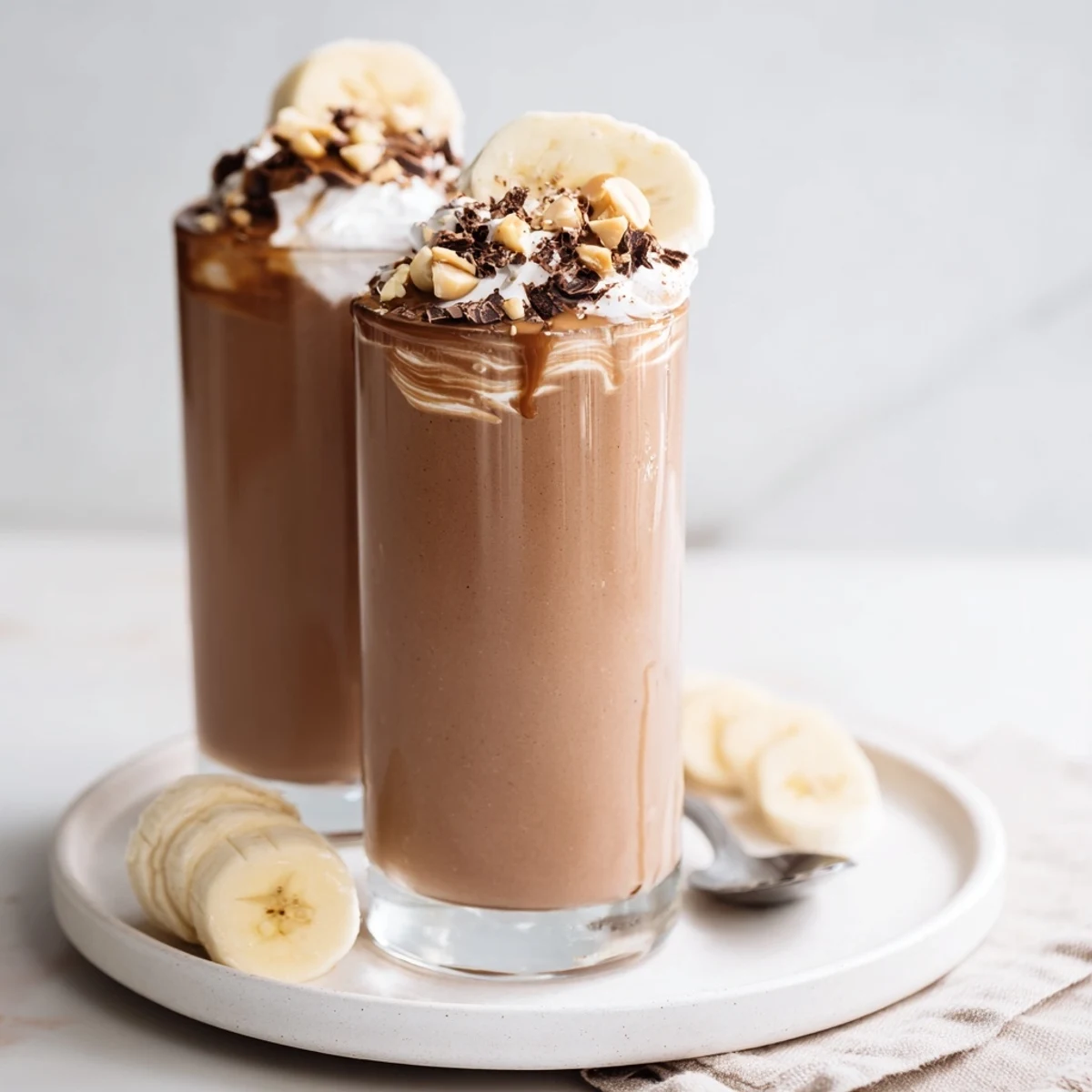 Creamy Chocolate Peanut Butter Smoothie in chilled glass, garnished with crushed peanuts