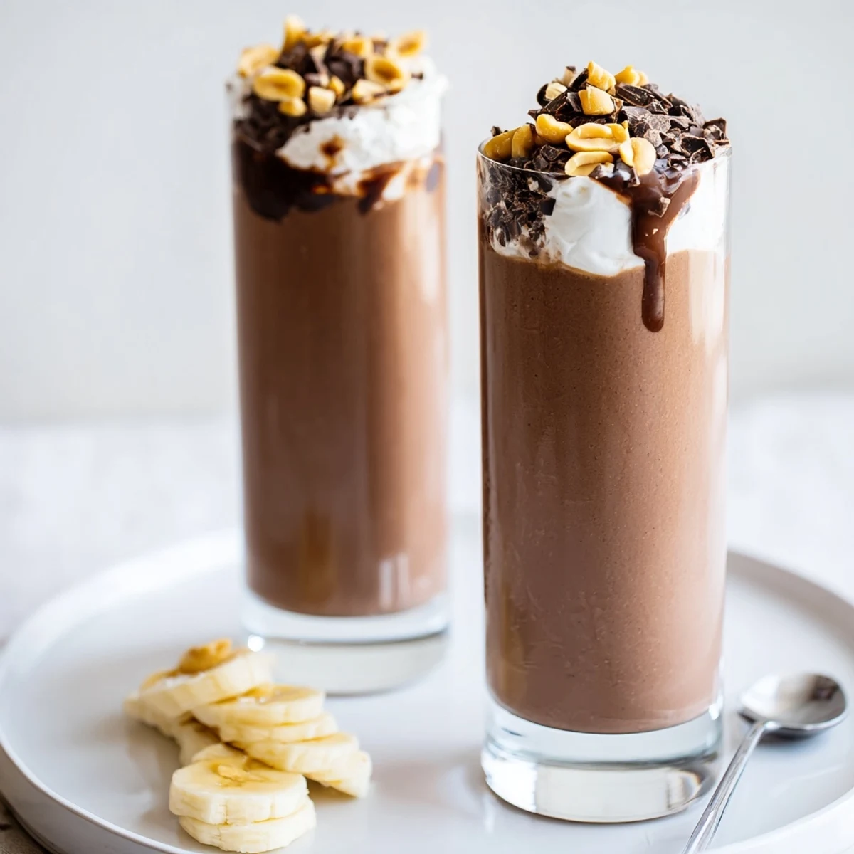 Chocolate Peanut Butter Smoothie topped with whipped cream and chocolate shavings