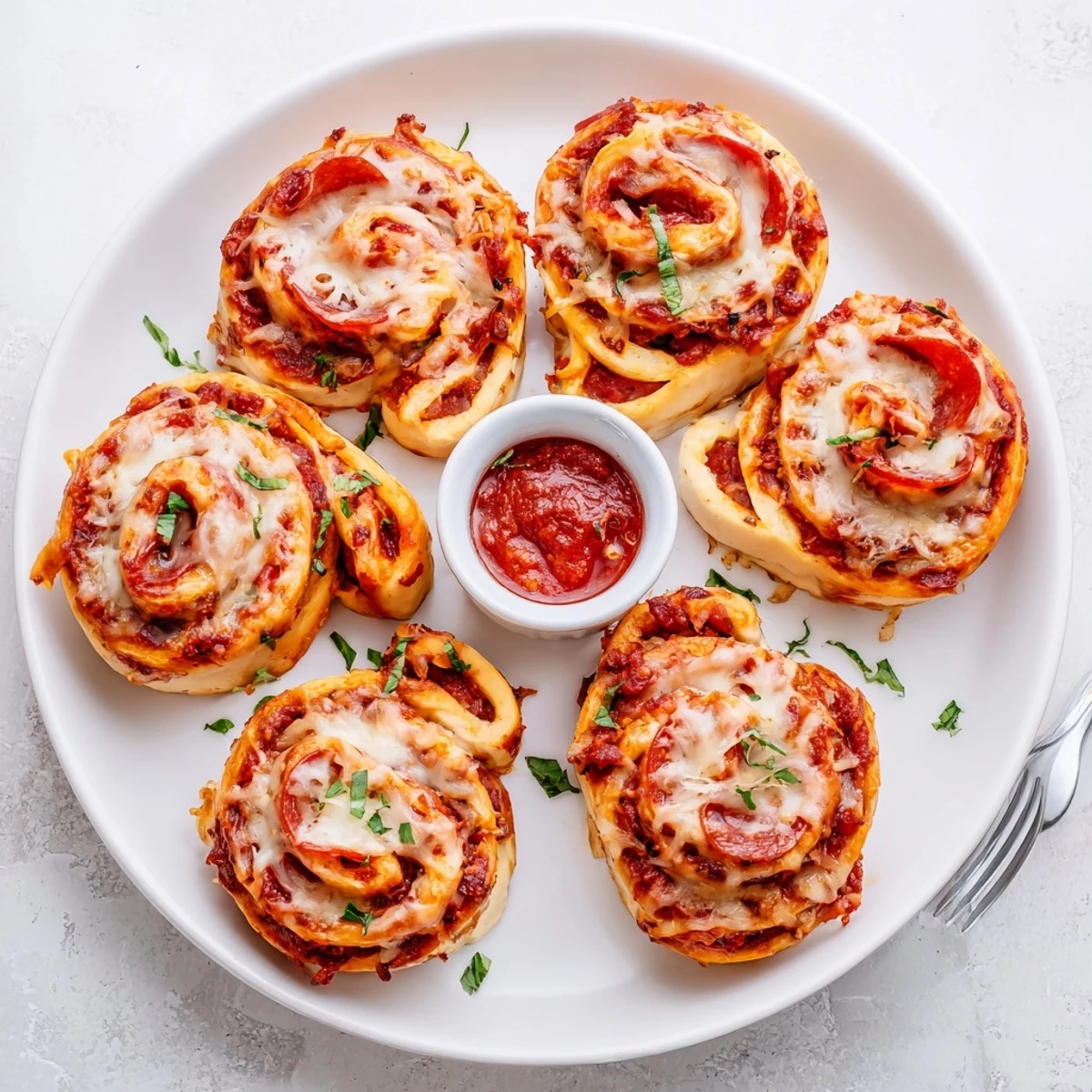 Golden, bubbly Cheesy Beef Pepperoni Pizza Roll Ups cooling on parchment, ready for dipping