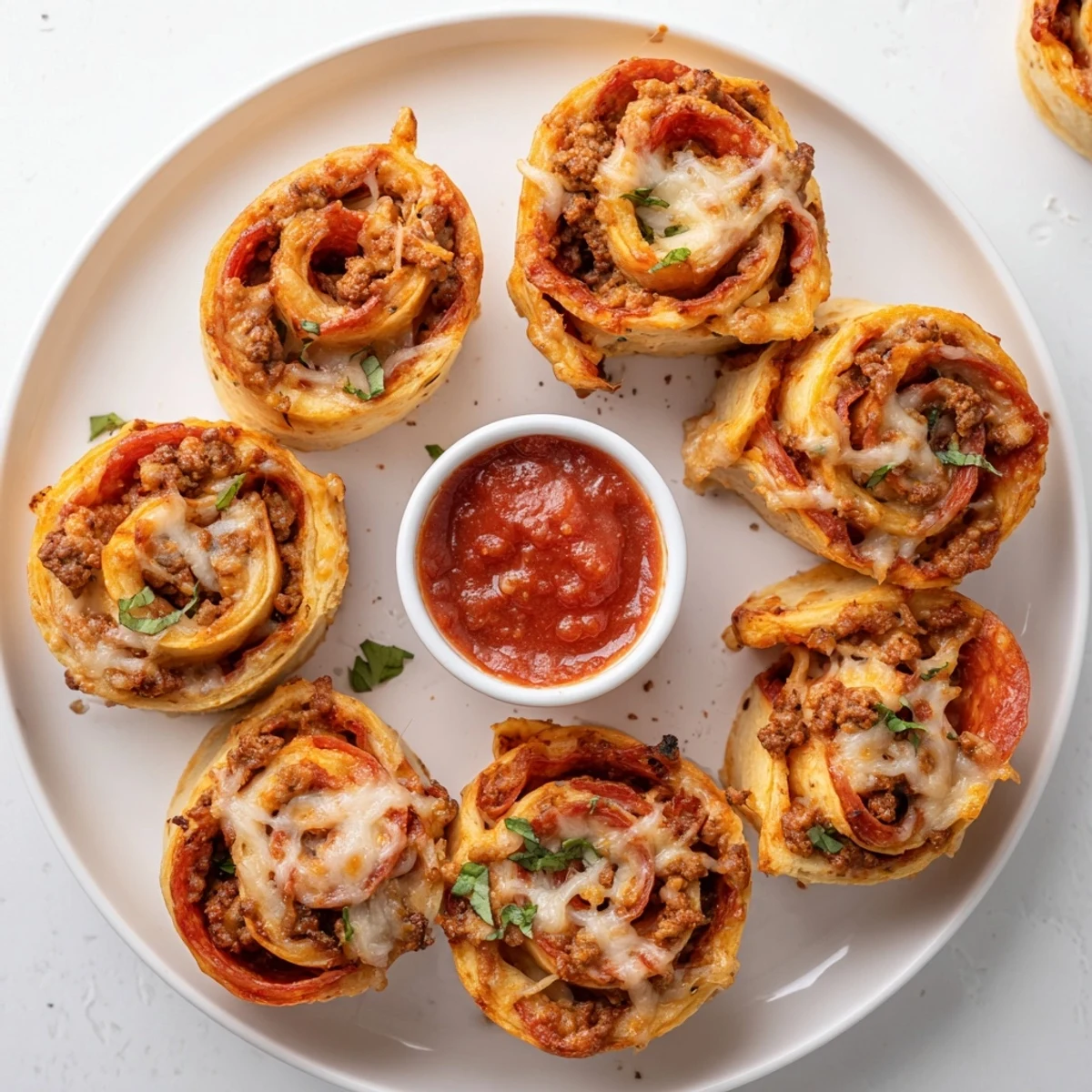 Hot Cheesy Beef Pepperoni Pizza Roll Ups with oozing cheese, served with marinara