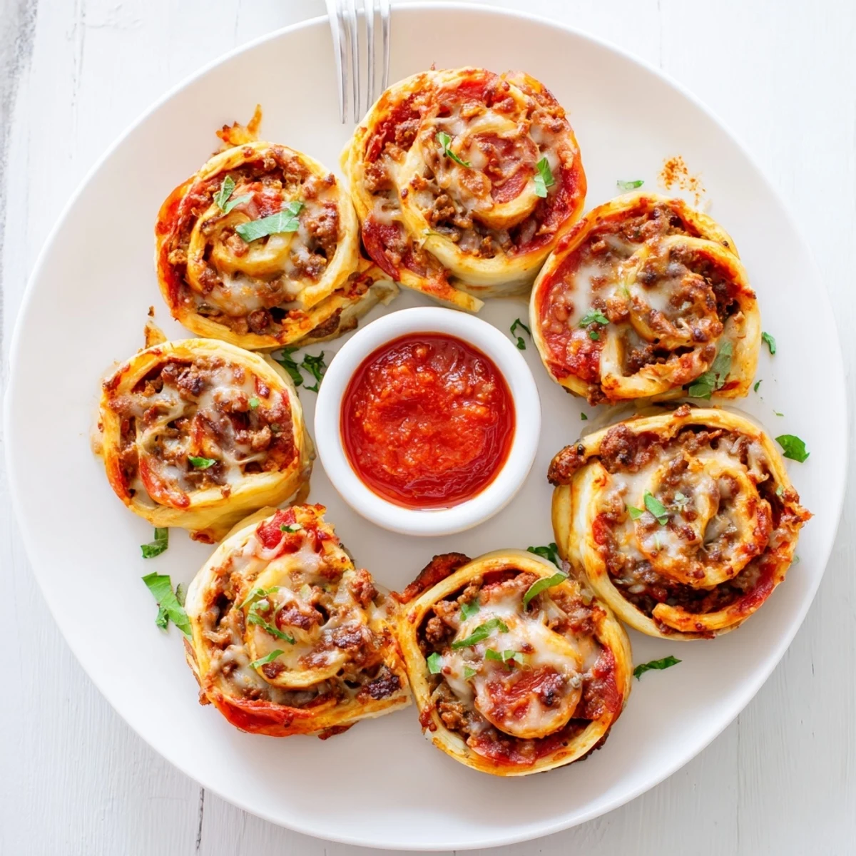 Baked Cheesy Beef Pepperoni Pizza Roll Ups on a sheet, garnished with basil