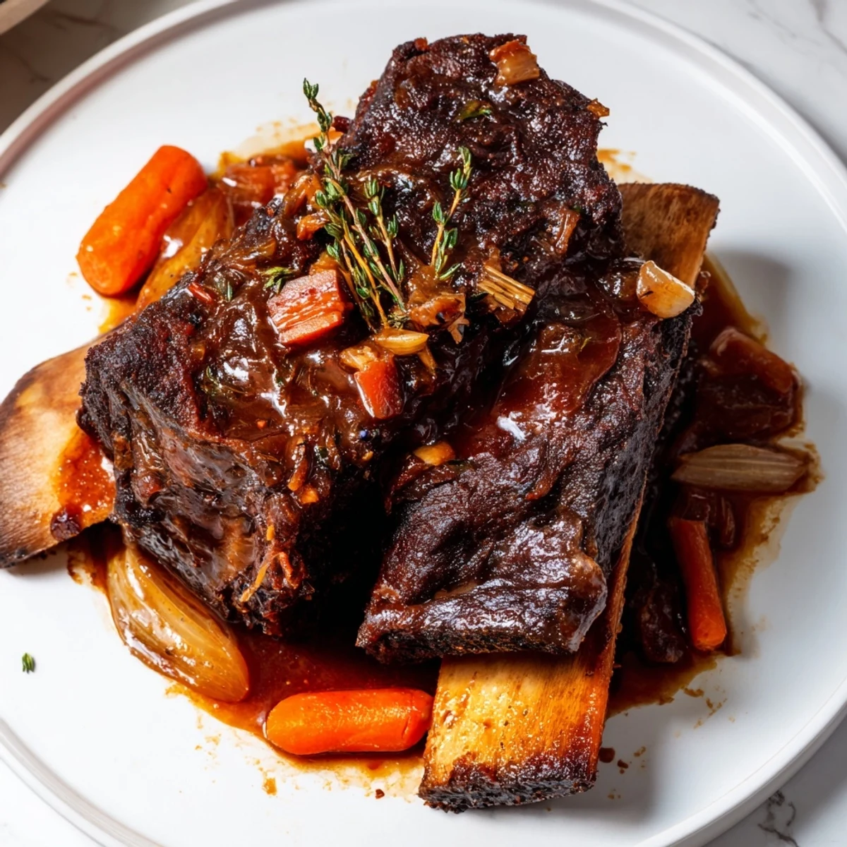 Slow Cooker Beef Short Ribs bathing in glossy sauce, tender fork ready meat