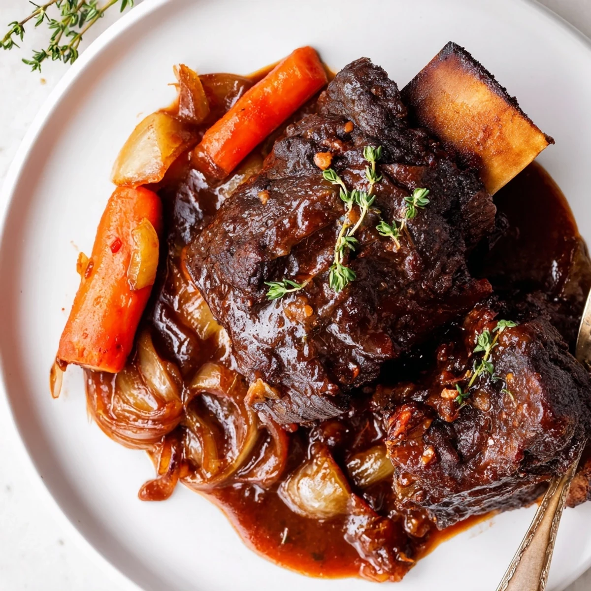 Fresh thyme and rosemary-studded Slow Cooker Beef Short Ribs with carrots