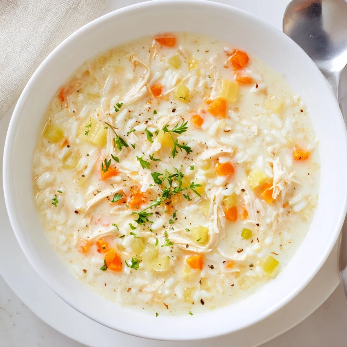 Creamy Chicken Rice Soup steaming in bowl with shredded chicken and fluffy rice