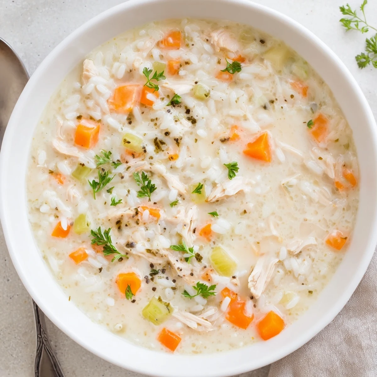A cozy bowl of Creamy Chicken Rice Soup garnished with parsley, crusty bread