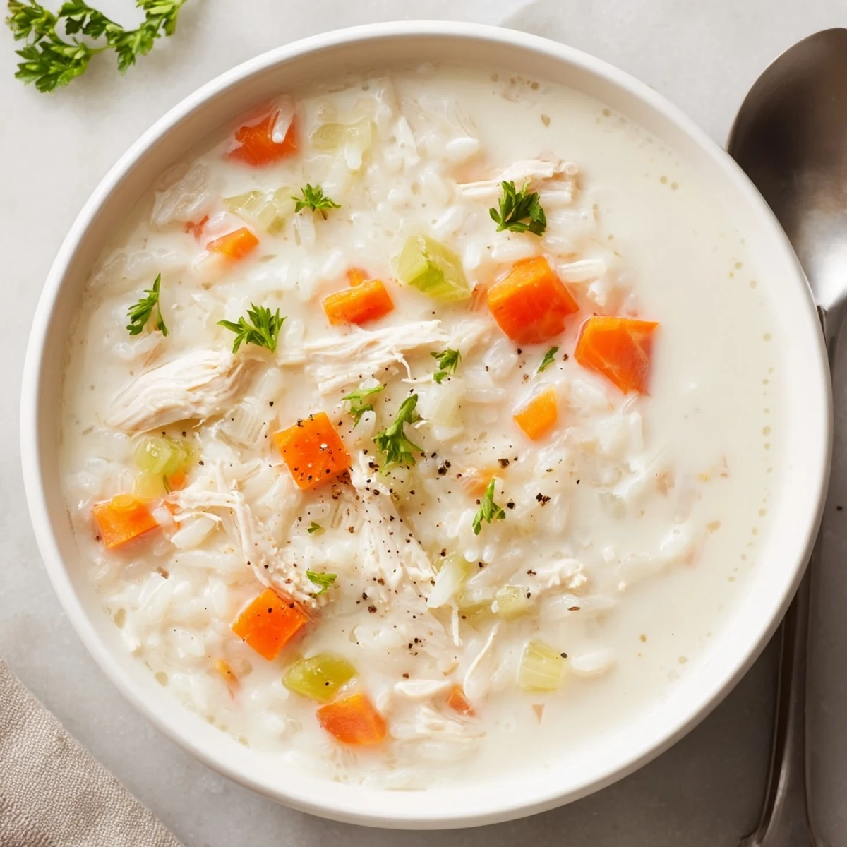 Velvety Creamy Chicken Rice Soup simmered gently, carrots and celery visible