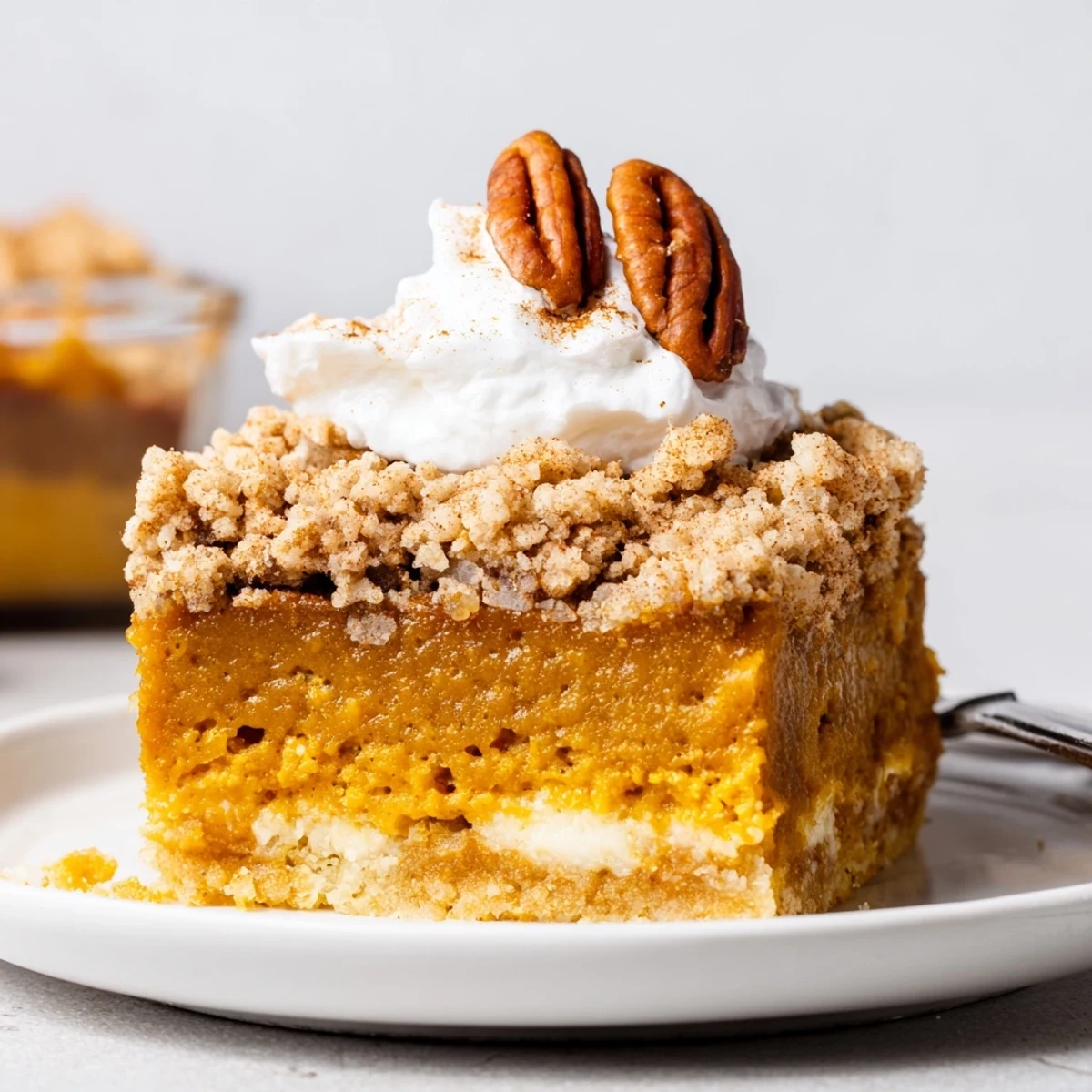 Pumpkin Dump Cake with golden crunchy pecan topping cooling in pan