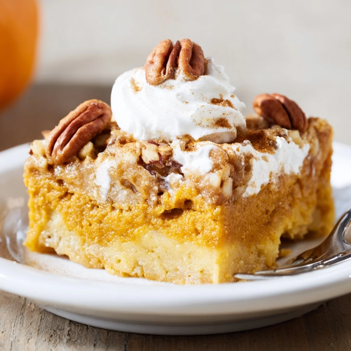 Warm Pumpkin Dump Cake oozing spiced pumpkin, served with vanilla ice cream