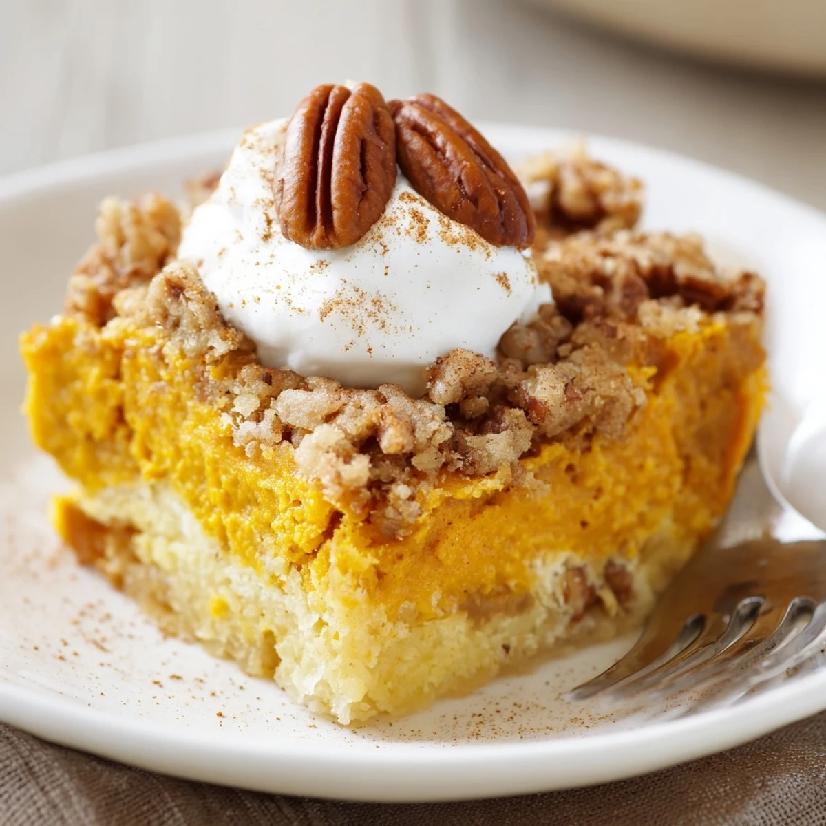 Slice of Pumpkin Dump Cake showing moist custardy interior and buttery crust
